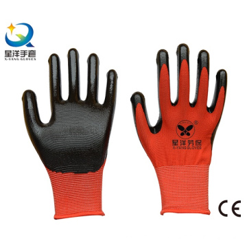 13G Nitrile Red Polyester Shell, Nitrile Noir Revêtu, Gants De Travail (N7003)